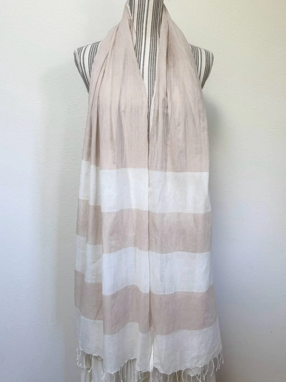 Eileen Fisher Organic Cotton Oversized Scarf Beige Ivory Striped Fringe Wrap